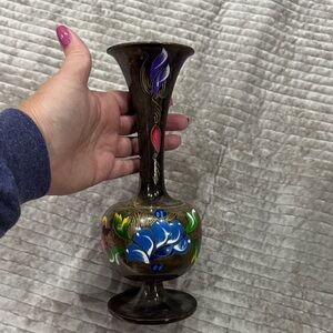 Vintage Handpainted Wood Floral Vase - MCM Multicolor